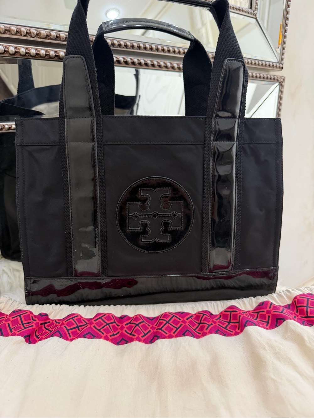 Tory Burch Black Nylon Tote with Patent Trim